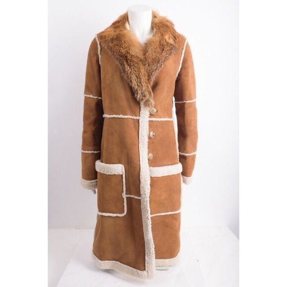 A.L.C. Womens Lamb Shearling Long Coat Size M Brown Suede Fur Collar NWT - Picture 1 of 6